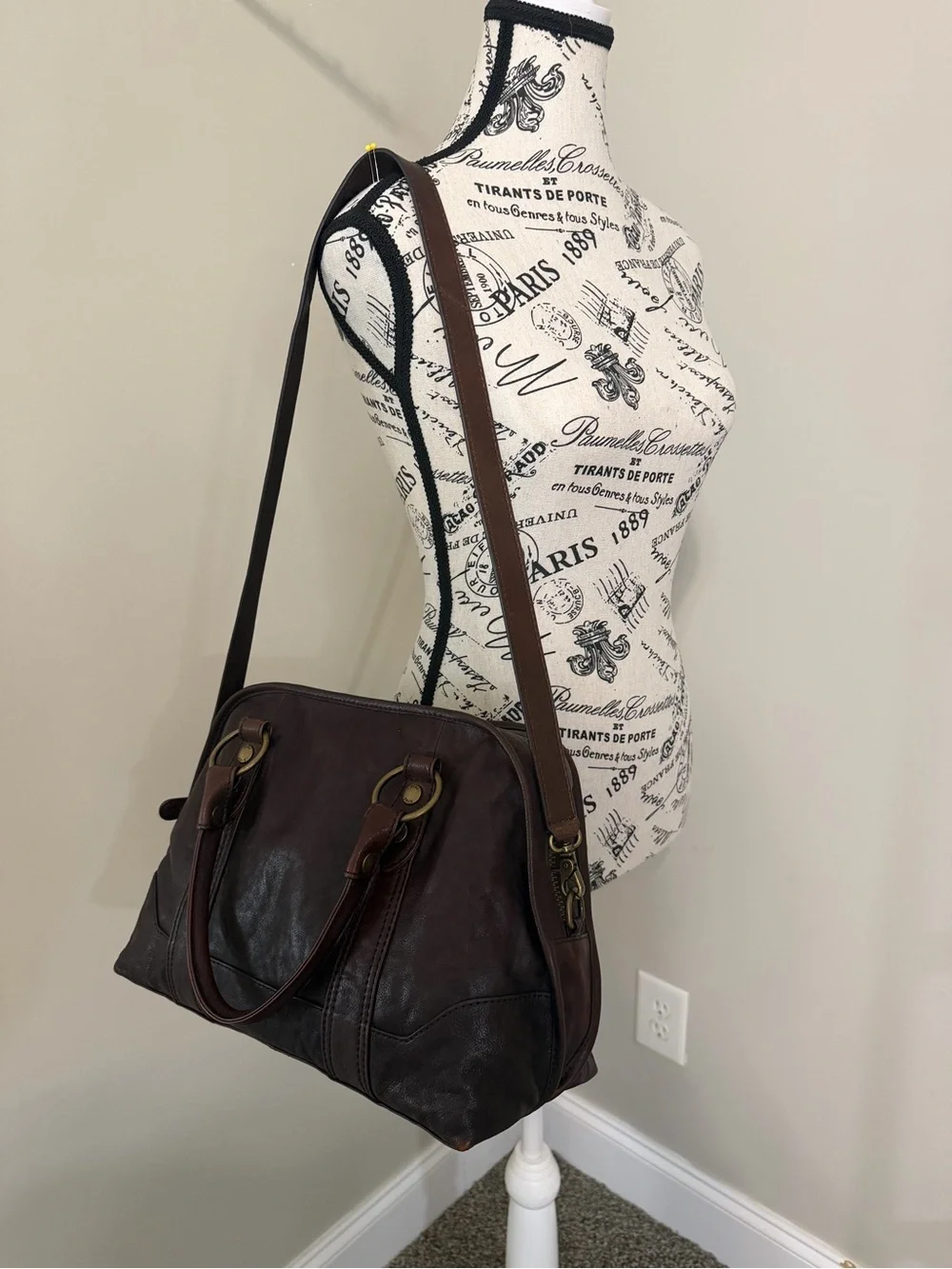 Frye Melissa Domed Satchel Dark Brown Leather with Red Accent Scarf & Charms